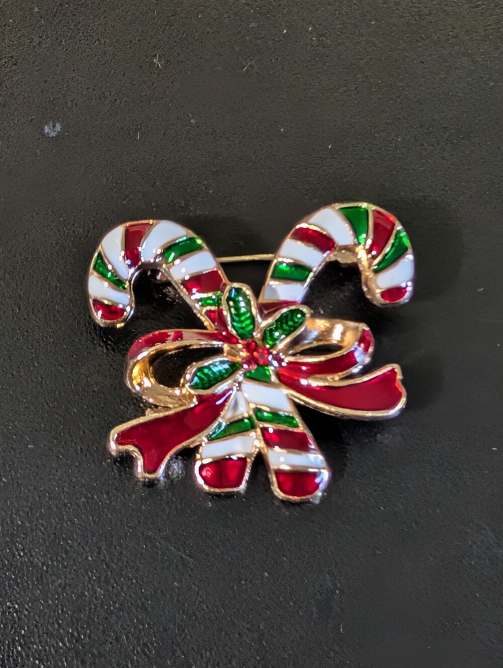 Holiday Candy Cane Bow Brooch in Red, White & Green